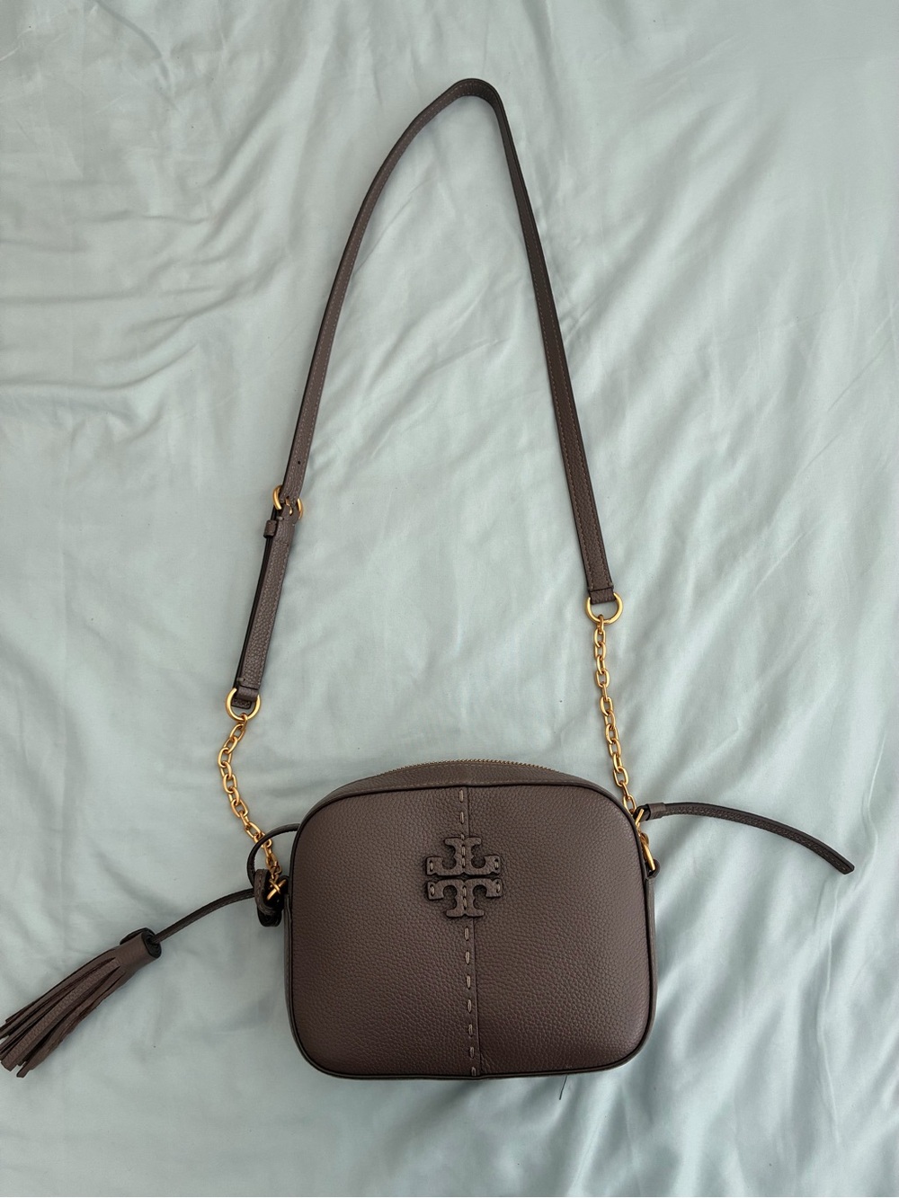 Tory Burch Dark Brown Pebbled Leather Crossbody with Tassel